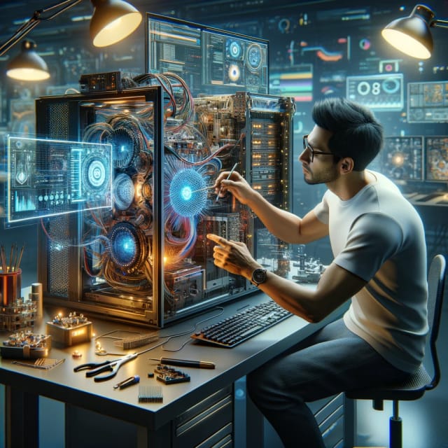 Ilustração de uma pessoa ajustando componentes de um computador, cercada por telas e diagramas digitais.